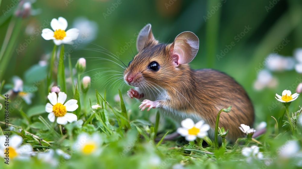 Fototapeta premium Close-up of a Cute Mouse in a Field of Daisies