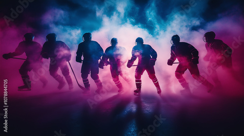 A dynamic image of an ice hockey player in vibrant neon lighting, surrounded by swirling pink and blue smoke. The dramatic composition highlights the athlete's motion and the intensity of the sport.