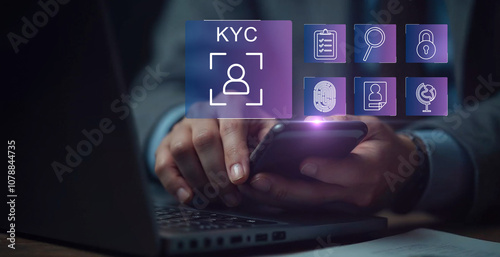  Interactive KYC compliance interface with the user. Business professional interacting with a Know Your Customer (KYC) compliance and security interface on digital screen. Identity verification, E KYC photo