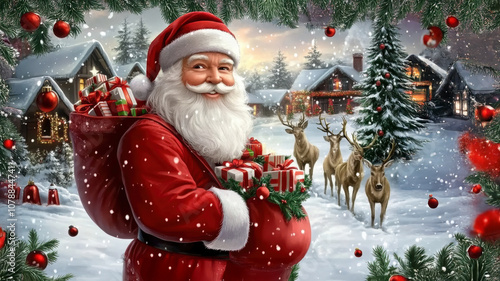 Santa Claus smiles while carrying a sack of presents in a snowy village, with reindeer nearby, creating a magical Christmas scene with decorated trees.