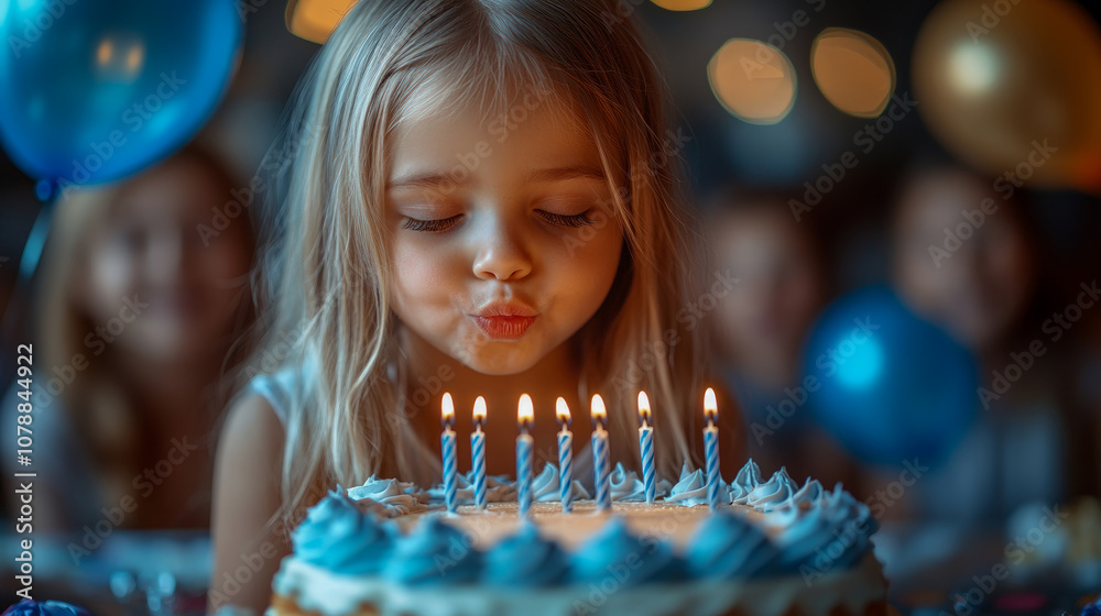 A young girl blows out candles on her birthday cake, joyfully making a wish amid friends and festive decorations in a vibrant indoor celebration A young girl blows out candles on her birthday cake, joyfully making a wish amid friends and festive decorations in a vibrant indoor celebration