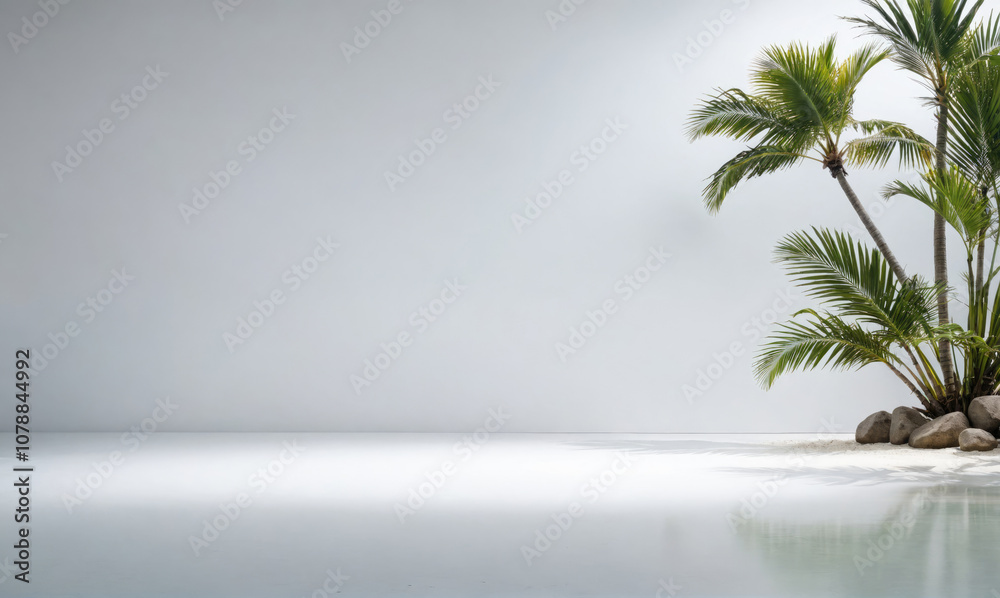 Obraz premium A lone palm tree stands tall against a white backdrop, its leaves reaching for the sky