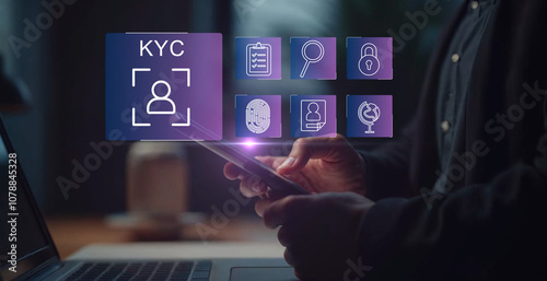  Interactive KYC compliance interface with the user. Business professional interacting with a Know Your Customer (KYC) compliance and security interface on digital screen. Identity verification, E KYC photo