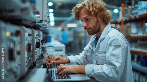 An office equipment repair technician updating software on a multifunction device, ensuring compatibility and functionality, with a laptop and software interface visible