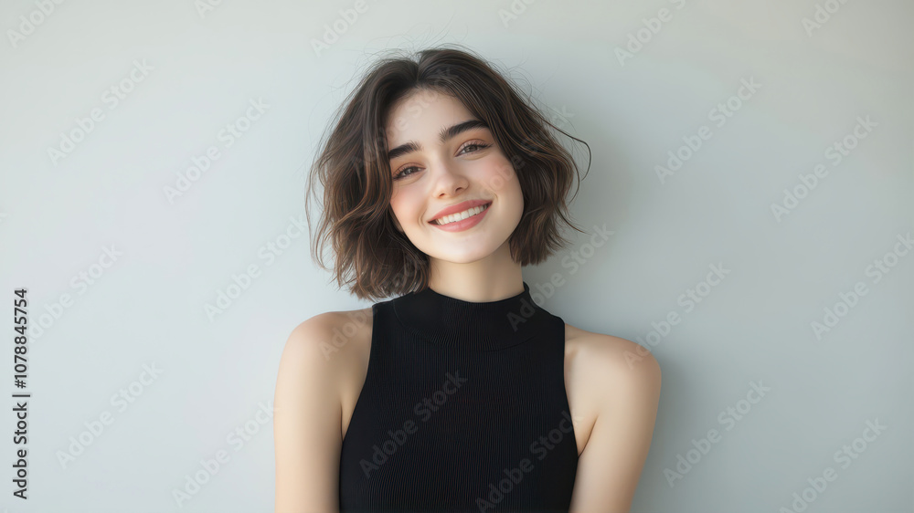 A Cheerful Young Woman Smiles Brightly Against a Neutral Wall in a Black Sleeveless Top A Cheerful Young Woman Smiles Brightly Against a Neutral Wall in a Black Sleeveless Top