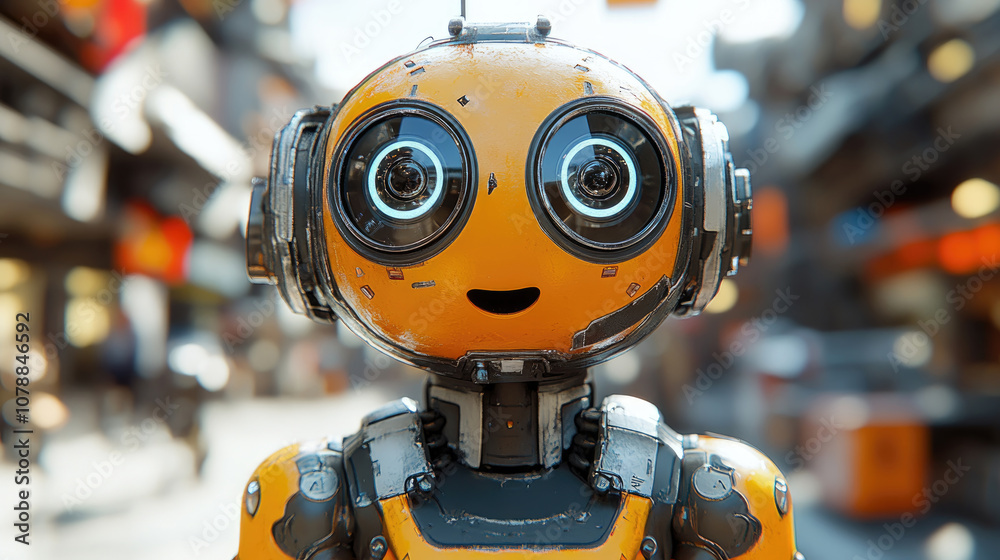 A cheerful robot with round eyes and an orange exterior stands in a lively urban area filled with people and activity A cheerful robot with round eyes and an orange exterior stands in a lively urban area filled with people and activity