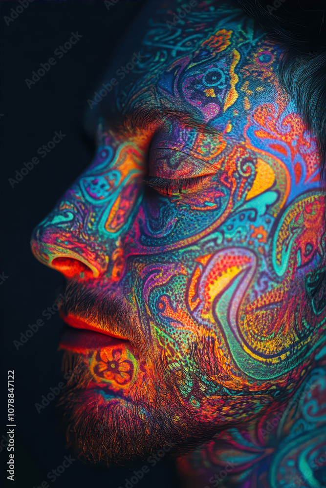 Psychedelic Face Art Featuring Vibrant Paisley Patterns Illuminated in a Dark Setting Psychedelic Face Art Featuring Vibrant Paisley Patterns Illuminated in a Dark Setting
