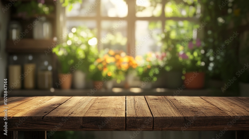 Rustic wooden table in foreground with blurred kitchen window background, adorned with colorful potted plants and herbs, creating a cozy home atmosphere. Rustic wooden table in foreground with blurred kitchen window background, adorned with colorful potted plants and herbs, creating a cozy home atmosphere.