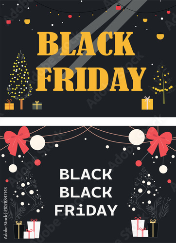 Flyers dedicated to Black Friday. Illustrations on a black background with patterns of trees, gifts, and garlands. Vector illustration