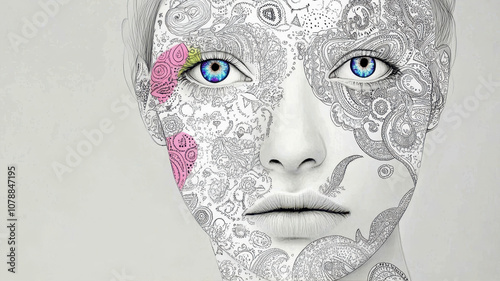 Psychedelic Face Art Showcasing Vibrant Paisley Patterns and Striking Blue Eyes in Surreal Design