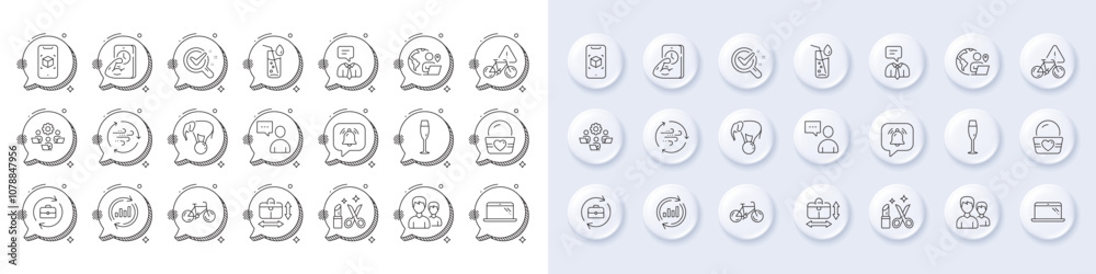 Fototapeta premium Water glass, Couple and Fitness line icons. White pin 3d buttons, chat bubbles icons. Pack of Beauty, Users chat, Notification bubble icon. Teamwork, Support service, Ice cream pictogram. Vector