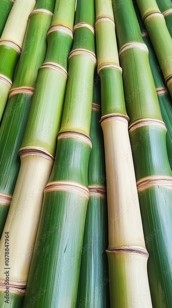 Close-up view of fresh green bamboo stalks showcasing their distinctive segmented structure and varying shades, perfect for natural decor and sustainable design. Close-up view of fresh green bamboo stalks showcasing their distinctive segmented structure and varying shades, perfect for natural decor and sustainable design.