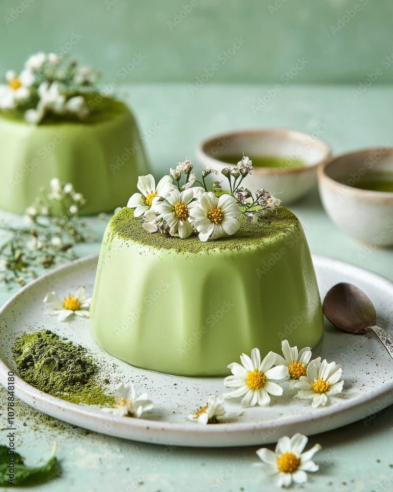 Delight your senses with a refreshing green matcha pudding topped with edible flowers and dusting of matcha powder Delight your senses with a refreshing green matcha pudding topped with edible flowers and dusting of matcha powder