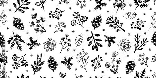 Winter branch pattern. Vector Christmas tree. Crayon pine plant seamless. White black hand drawn mistletoe, fir pine, holly branch, Christmas tree pattern. Line Xmas background. Charcoal floral winter