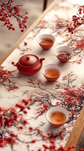 Minimalist watercolor of a chinese tea pot and cups on a table decorated with golden details and festive mementos. photo