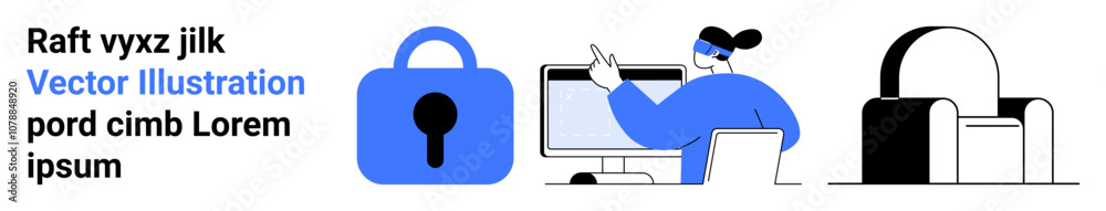Person in front of a computer screen, blue padlock symbol, secure server icon highlighting cybersecurity themes. Ideal for tech presentations, online courses, educational materials, infographics Person in front of a computer screen, blue padlock symbol, secure server icon highlighting cybersecurity themes. Ideal for tech presentations, online courses, educational materials, infographics