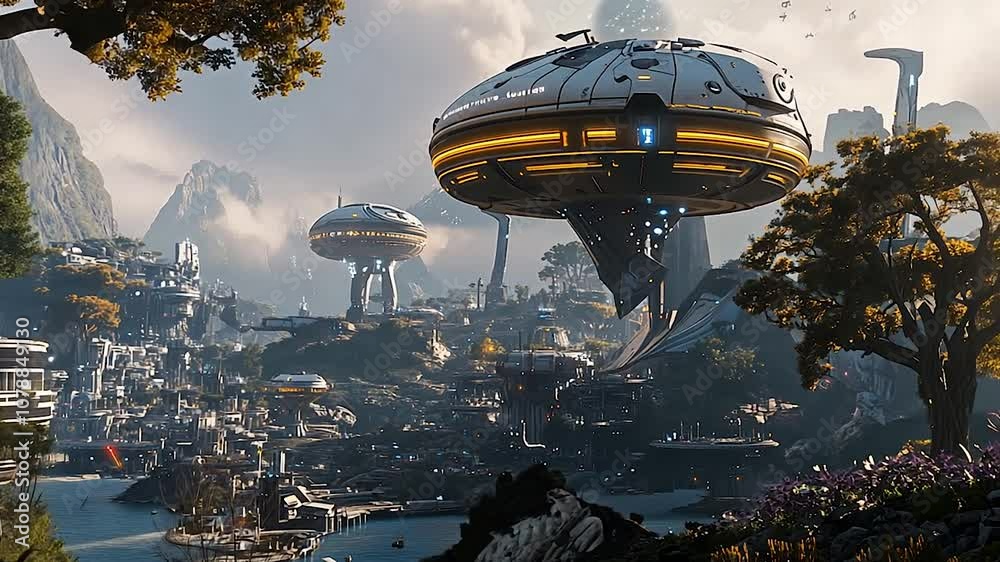A futuristic city nestled amidst a breathtaking alien landscape, showcasing innovative architecture and advanced technology in a harmonious balance with nature.
