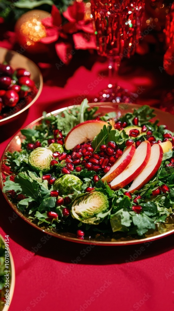 Create a vibrant holiday salad with fresh greens apples and pomegranate for a festive table display Create a vibrant holiday salad with fresh greens apples and pomegranate for a festive table display