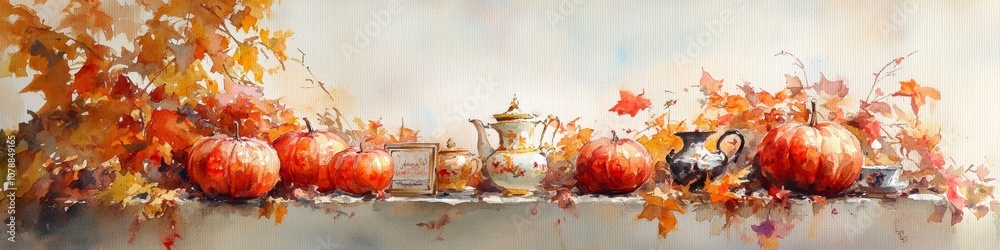 Watercolor composition with festive red lanterns hanging over a table set with decorative tea ware and mementos. Watercolor composition with festive red lanterns hanging over a table set with decorative tea ware and mementos.