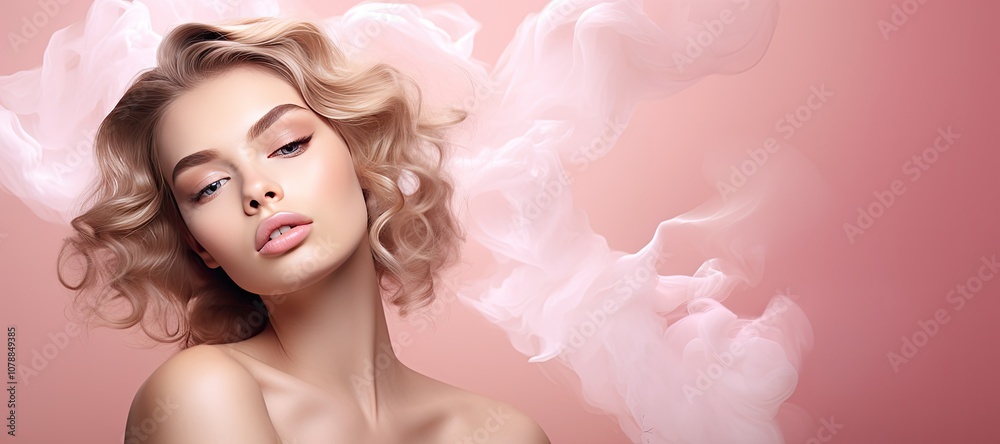 Girl with makeup and beautiful long hair. Horizontal banner on smoky in the background Girl with makeup and beautiful long hair. Horizontal banner on smoky in the background