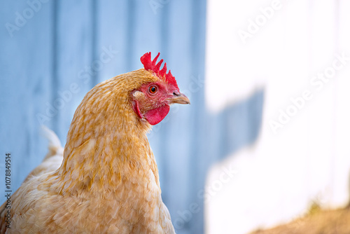 red chicken close-up portrait on a blue wall in the yard photo