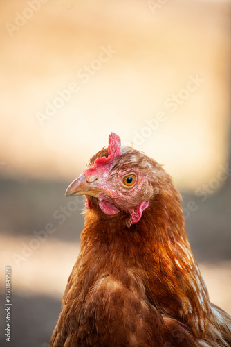 red hen close-up portrait in the yard. Curious look