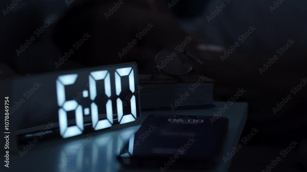 Man waking up, turning off alarm clock on digital clock and smartphone. Sleepy man waking up at 6 o'clock morning