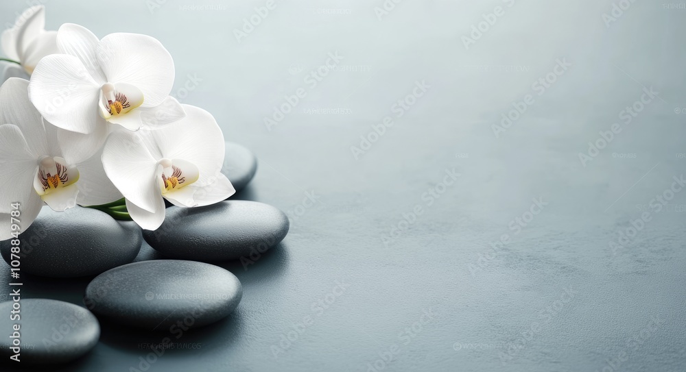 Tranquil Zen Oasis - Orchid Flower on Smooth Spa Stones in Serene Environment Tranquil Zen Oasis - Orchid Flower on Smooth Spa Stones in Serene Environment