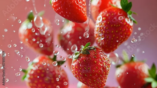 Strawberries are crushed into pieces, flying towards the camera in slow motion with water and juice droplets. The background is brightly colored for a realistic effect.