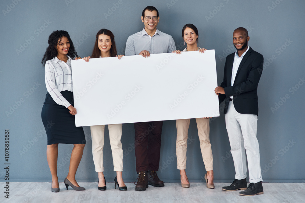 Team, business people and portrait with banner for advertising, marketing and corporate announcement. Gray background, men and women with mockup space for poster, billboard and about us with message Team, business people and portrait with banner for advertising, marketing and corporate announcement. Gray background, men and women with mockup space for poster, billboard and about us with message