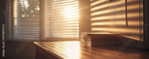 Warm sunlight streams through blinds, creating soft patterns on a wooden table with scattered papers, evoking tranquility.