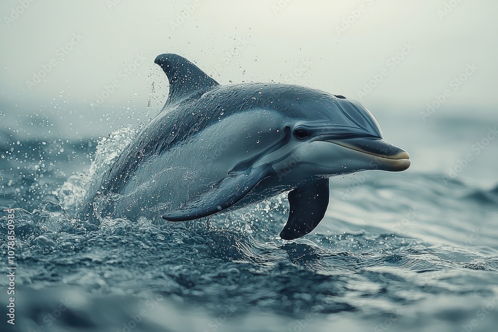 Naklejka premium Dolphin leaping out of the water, creating a spray.