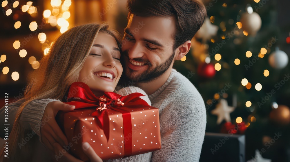 Happy Couple Celebrating with Christmas Gift