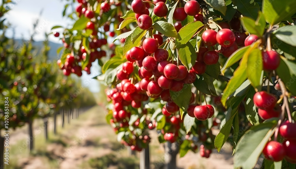 Obraz premium Organic plantation filled with cherry trees loaded with ripe cherries