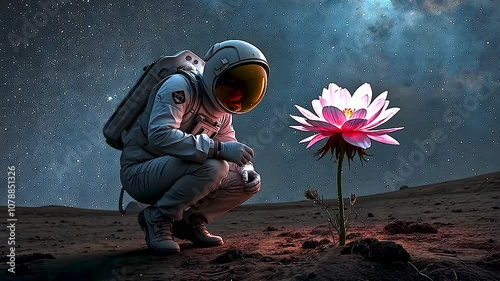 An astronaut explores an alien planet, discovering a lone flower blooming in the barren landscape. This symbolizes the resilience of life and the hope for a future among the stars.