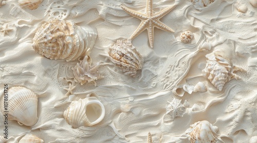 Serene Coastal Vibes: Beautifully Arranged Seashells, Starfish, and Driftwood on Sandy Beach with Soft Sunlight, Ultra-Detailed Nature Still Life