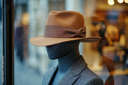 National Hat DayA stylish hat on a mannequin, showcasing sophisticated fashion in a boutique setting with a blurred background. photo