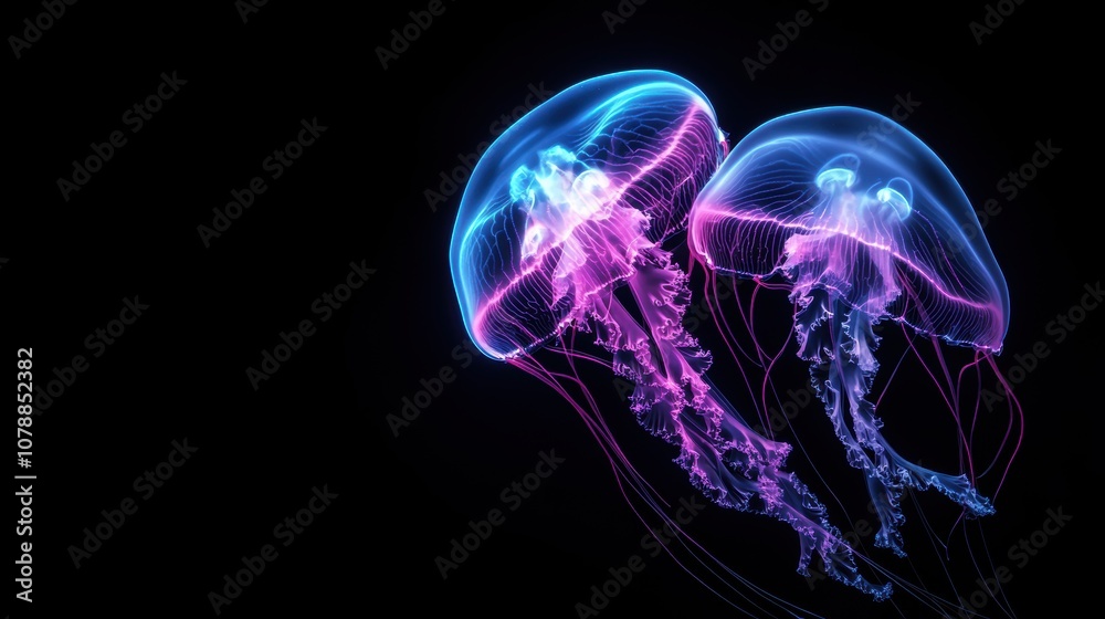 Beautiful glowing jellyfish in deep sea closeup view. Abstract background. Beautiful glowing jellyfish in deep sea closeup view. Abstract background.