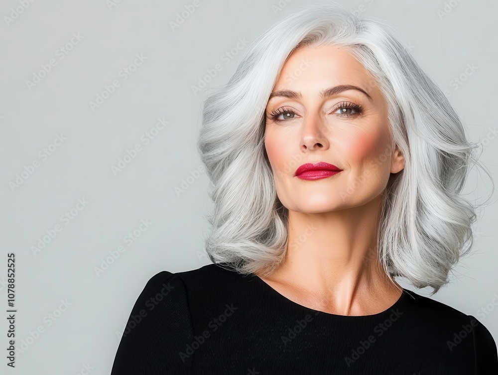 Closeup of silver hair and glowing skin on a serene woman, ageless beauty, timeless grace and poise Closeup of silver hair and glowing skin on a serene woman, ageless beauty, timeless grace and poise