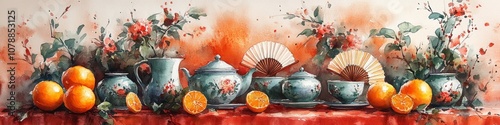 A colorful chinese tea set with decorative fans and mandarins on a festive red silk background, emphasizing a new yearвЂ™s atmosphere with minimalist composition. photo