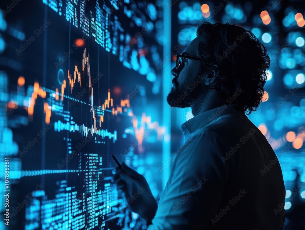 Obraz premium A businessman analyzing a digital stock market chart, blue and black background, investment concept. Generative AI
