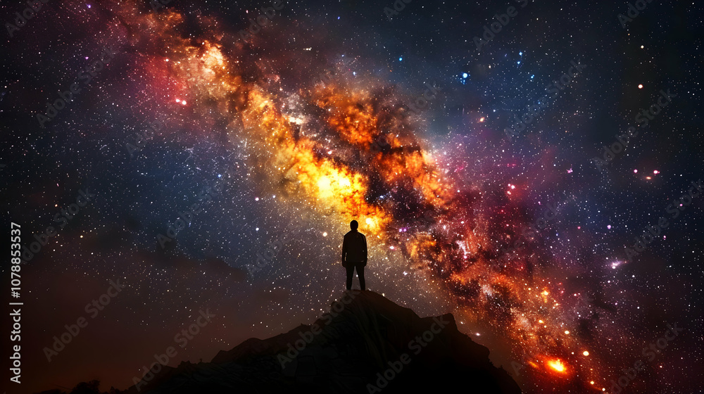 Fototapeta premium A Solitary Figure Stands Silhouetted Against the Expansive Canvas of a Starry Night Sky, the Milky Way Galaxy Stretching Across the Horizon, a Symphony of Cosmic Brilliance and Wonder.