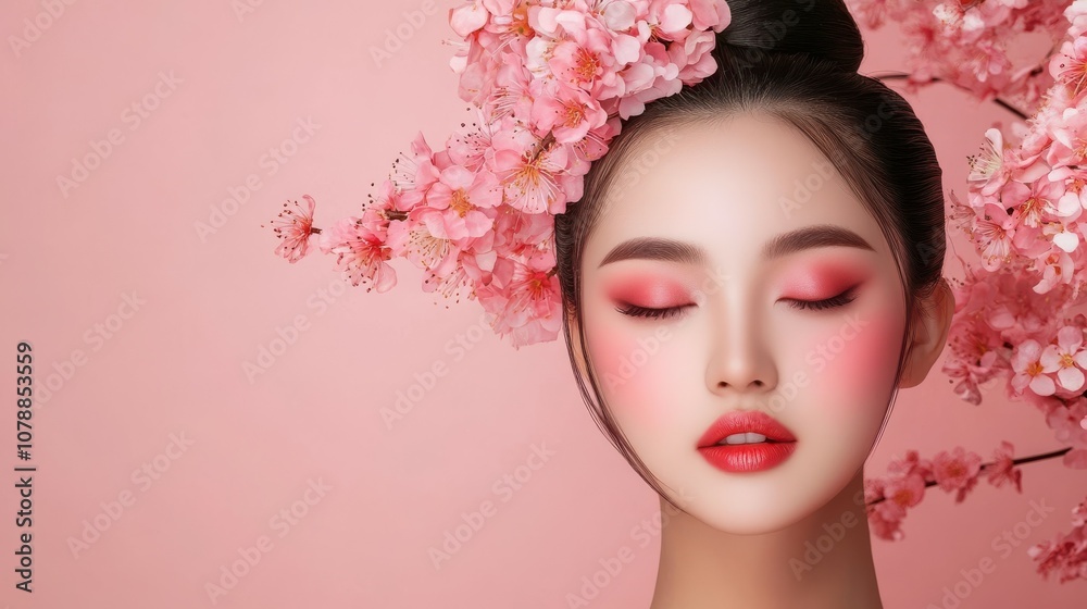 A woman with a pink flower headband and red lipstick A woman with a pink flower headband and red lipstick