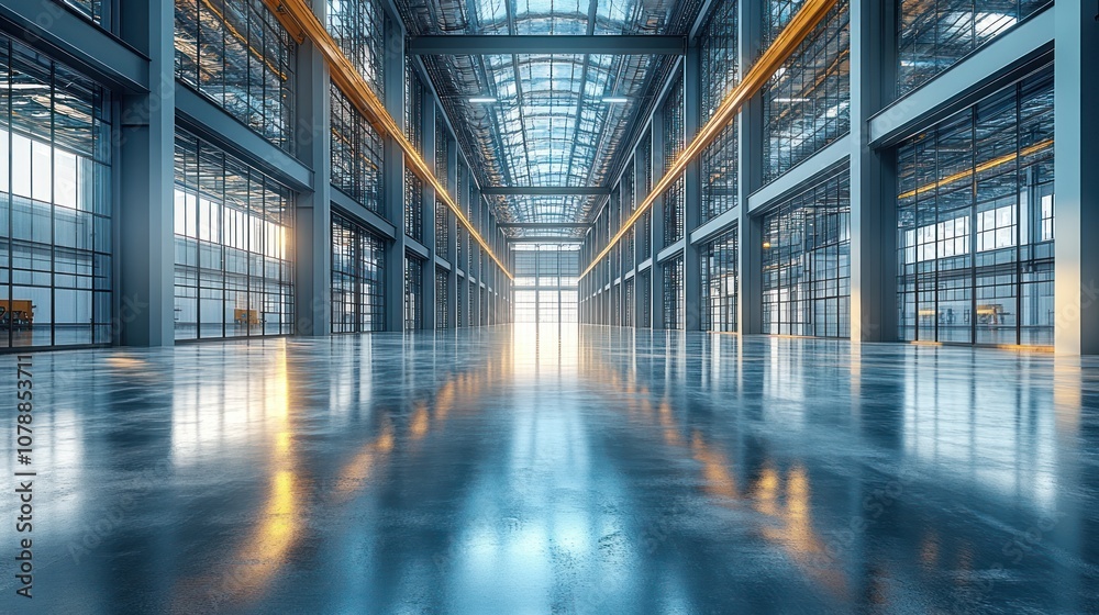 Spacious industrial interior with large windows and polished floor. Spacious industrial interior with large windows and polished floor.