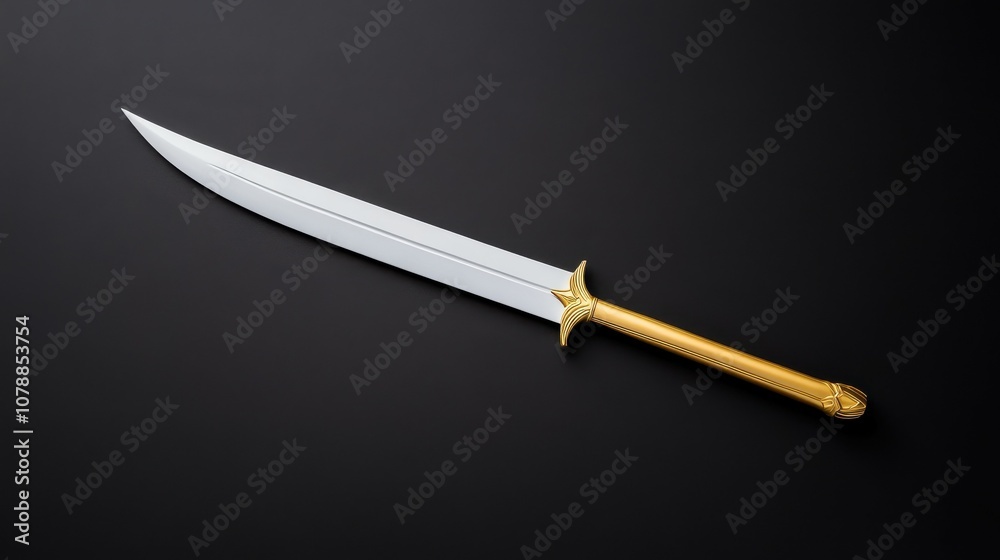 A long, gold sword with a black background A long, gold sword with a black background