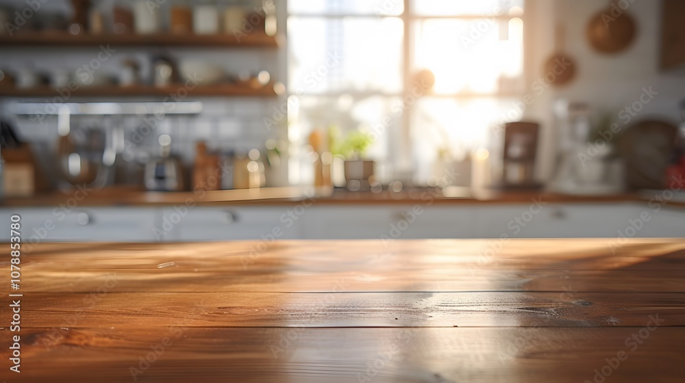 Visualize bare elegant wooden countertop with blurred well lit kitchen scene the background generated illustration Visualize bare elegant wooden countertop with blurred well lit kitchen scene the background generated illustration