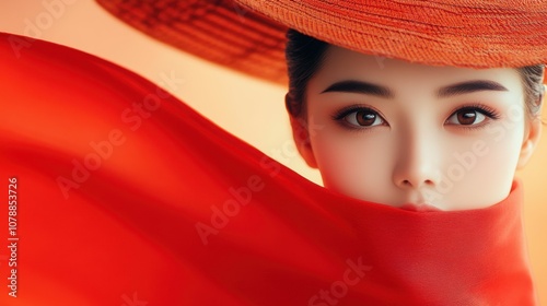 A woman wearing a red scarf and hat