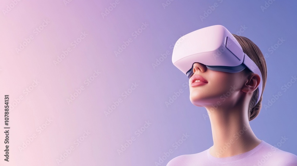 A woman wearing a virtual reality headset is looking up at the camera A woman wearing a virtual reality headset is looking up at the camera