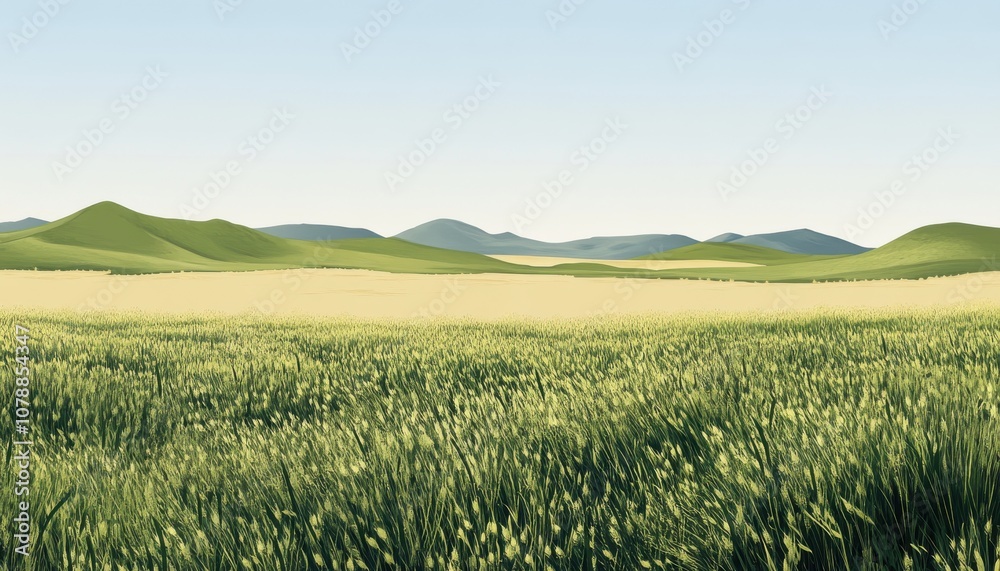 A digital rendering of an endless grassland with rolling hills and some small sand dunes in the background. A digital rendering of an endless grassland with rolling hills and some small sand dunes in the background.