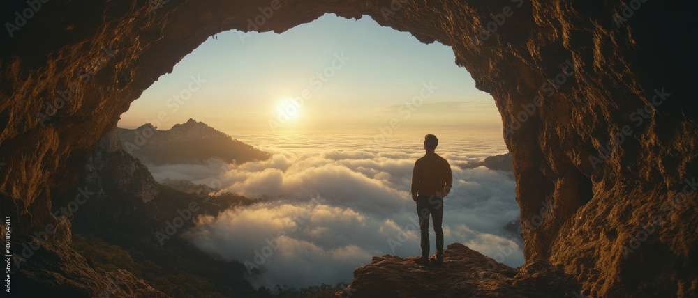 A man stands on the edge of an ancient cave, gazing out at the clouds and mountains below as he watches the sunrise, symbolizing new beginnings in his life journey A man stands on the edge of an ancient cave, gazing out at the clouds and mountains below as he watches the sunrise, symbolizing new beginnings in his life journey